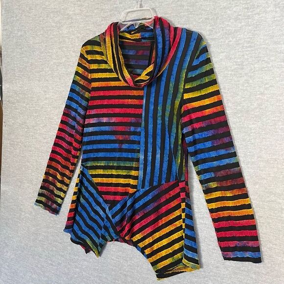The Pyramid Collection Rainbow Striped Tunic Top Women's Small Cowl Neck Artsy - Picture 2 of 8